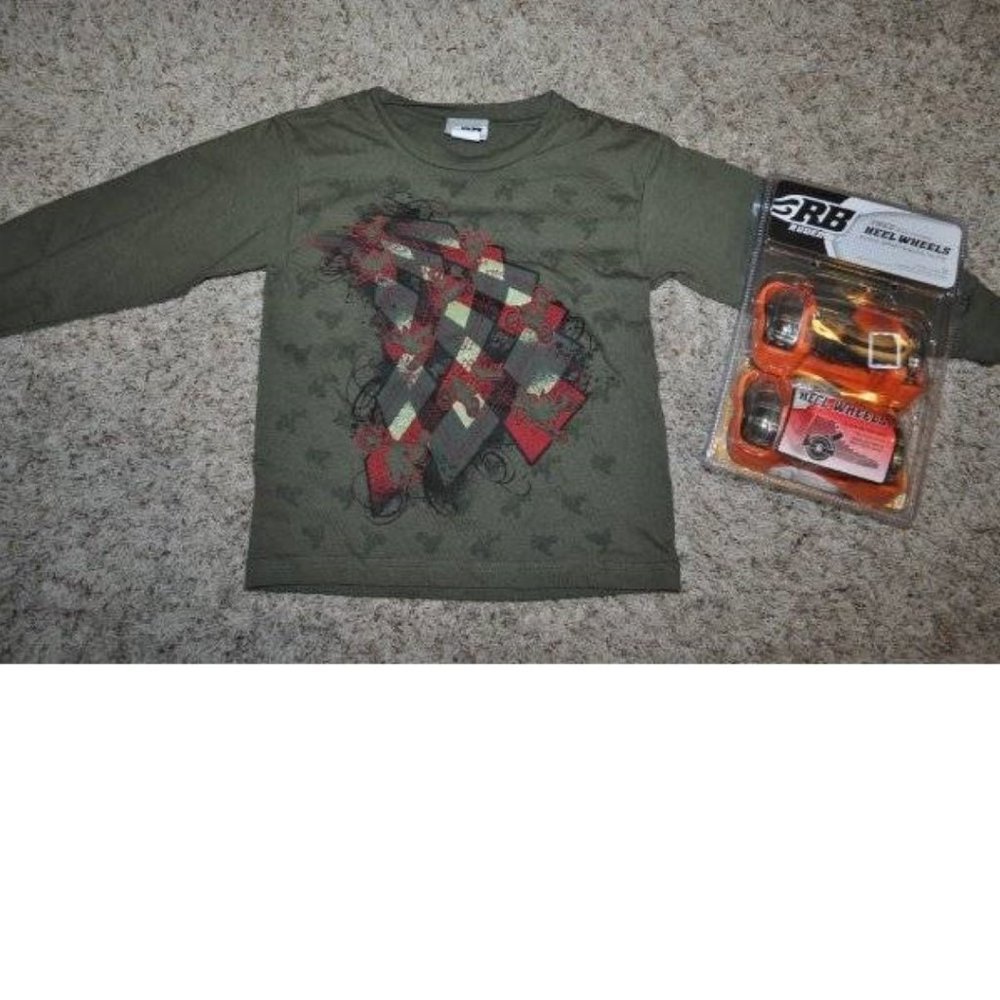 Boys Shirt & Shoe Heel Wheels 4 Rudeboyz BMX Green Long Sleeve Crew Tee